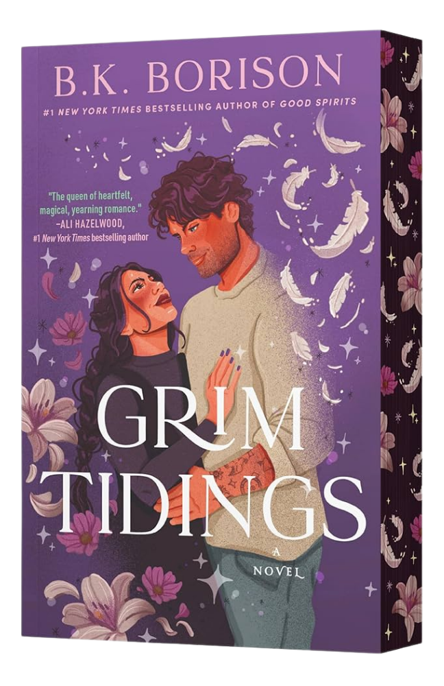 Book cover of 'Grim Tidings' by B.K. Borison with a couple embracing on a purple background.