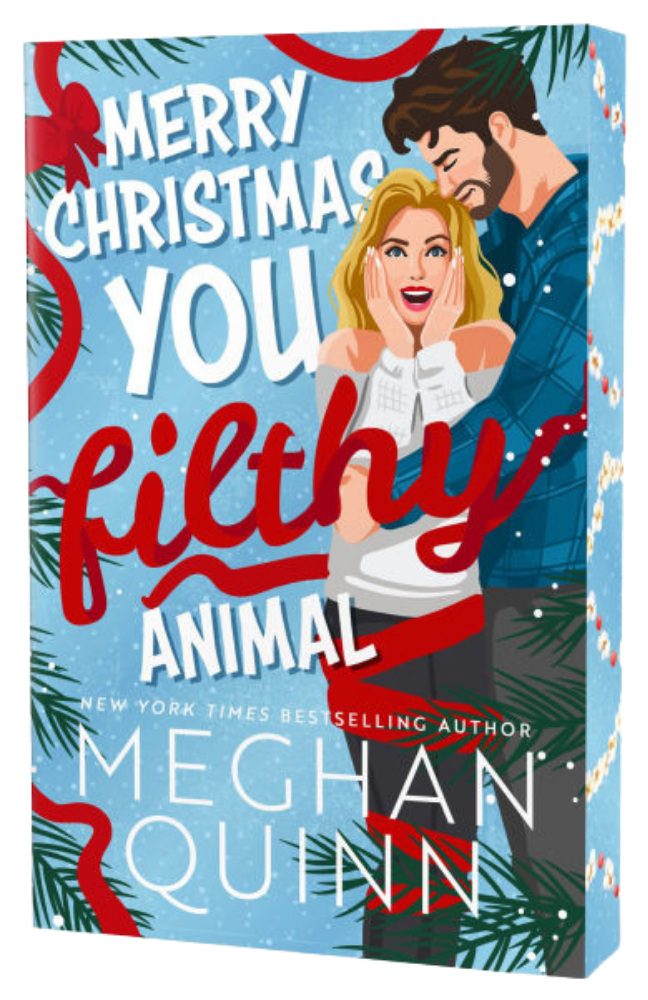 Book cover of 'Merry Christmas You Filthy Animal' by Meghan Quinn with a couple embracing and festive design.