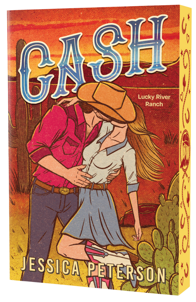 Book cover of 'Cash' by Jessica Peterson with a cowboy and cowgirl illustration against a desert background.