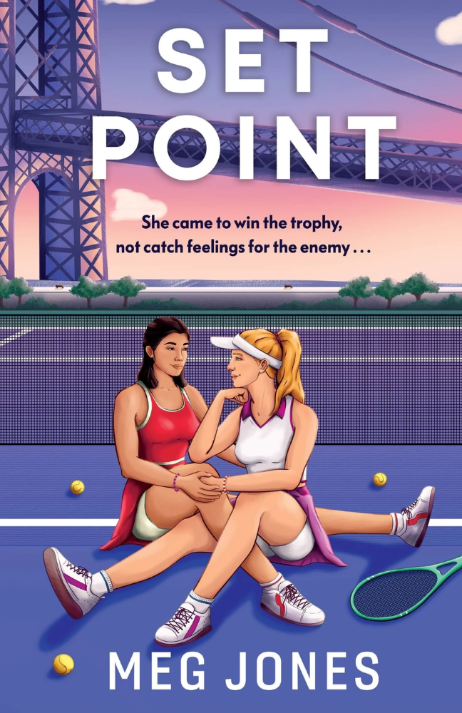Book cover of 'Set Point' featuring two women on a tennis court with a bridge in the background.