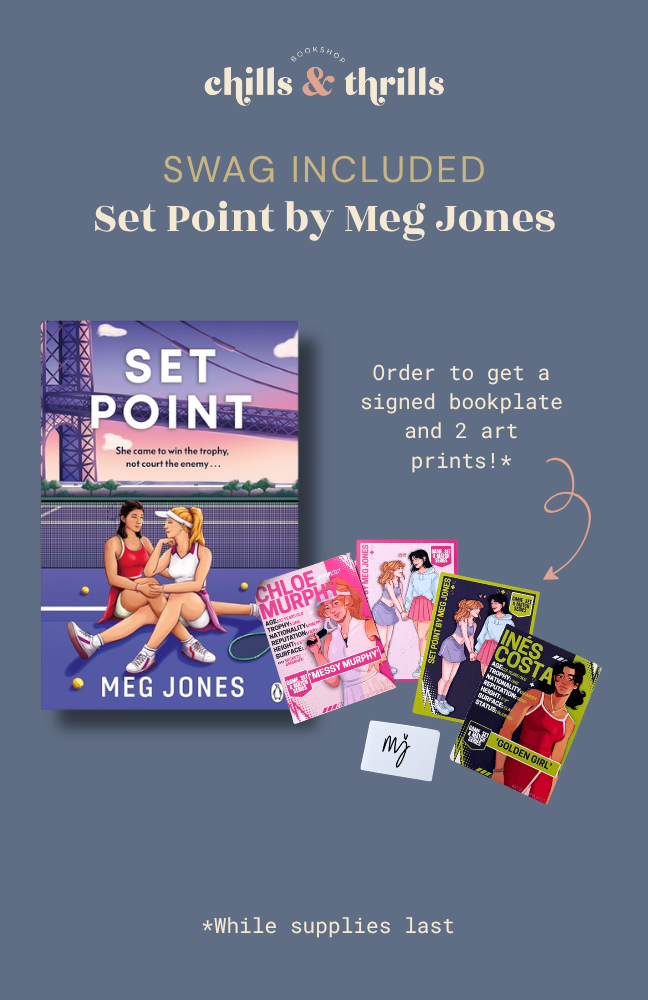 Promotional graphic for 'Set Point' by Meg Jones with book and swag items on a blue background