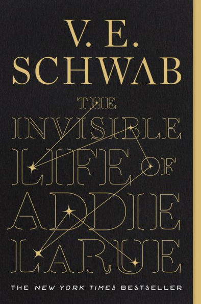 Book cover of 'The Invisible Life of Addie LaRue' by V.E. Schwab with gold text on a black background.