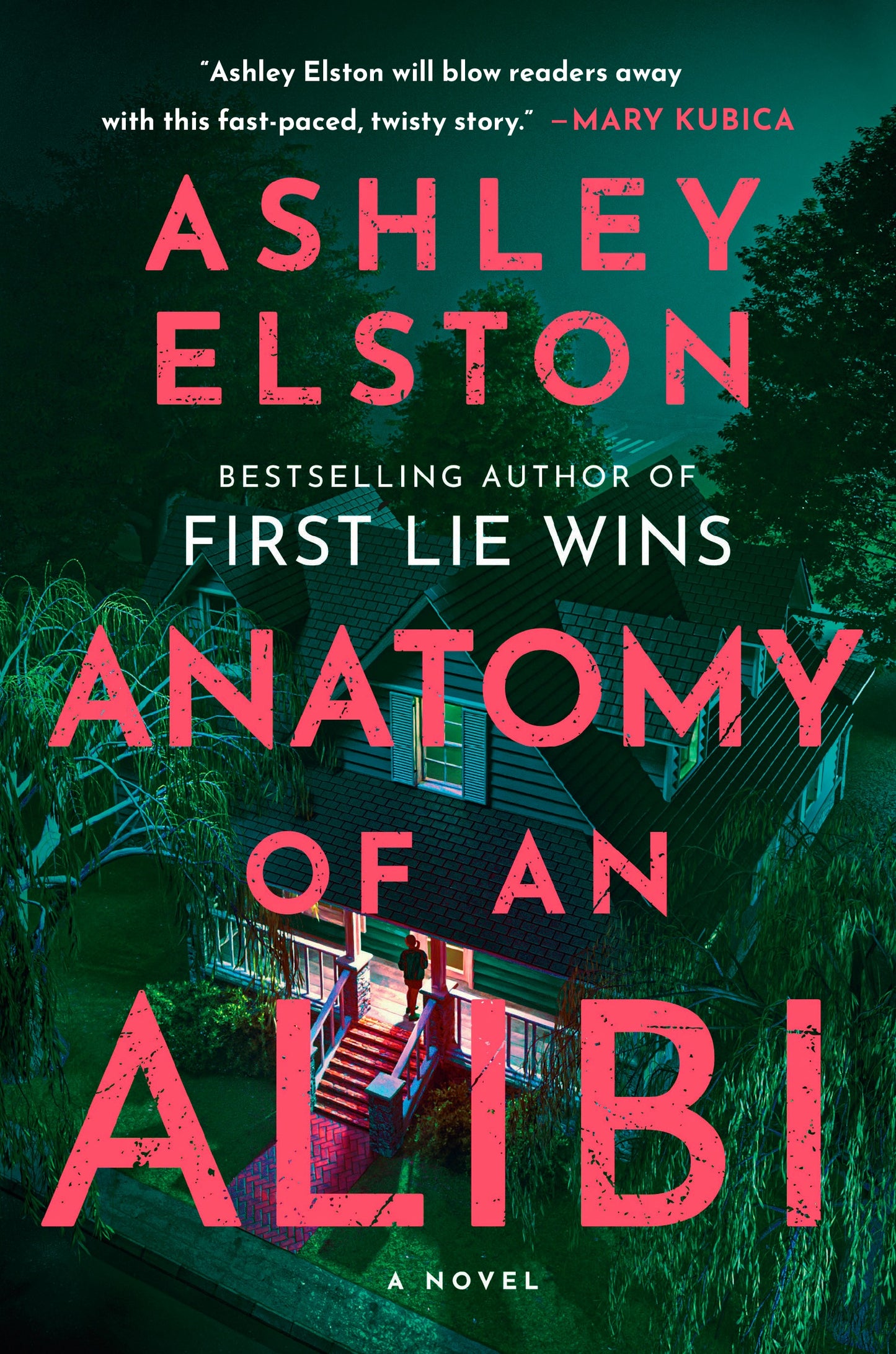 Book cover of 'Anatomy of an Alibi' by Ashley Elston with a person on a roof.