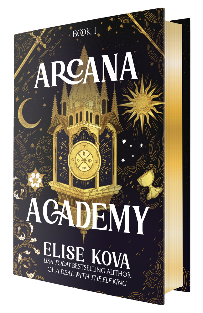 Book cover of 'Arcana Academy' by Elise Kova with gothic architecture design.