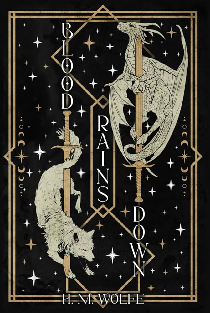 Book cover of 'Blood Rains Down' with wolves and a sword design on a black background.