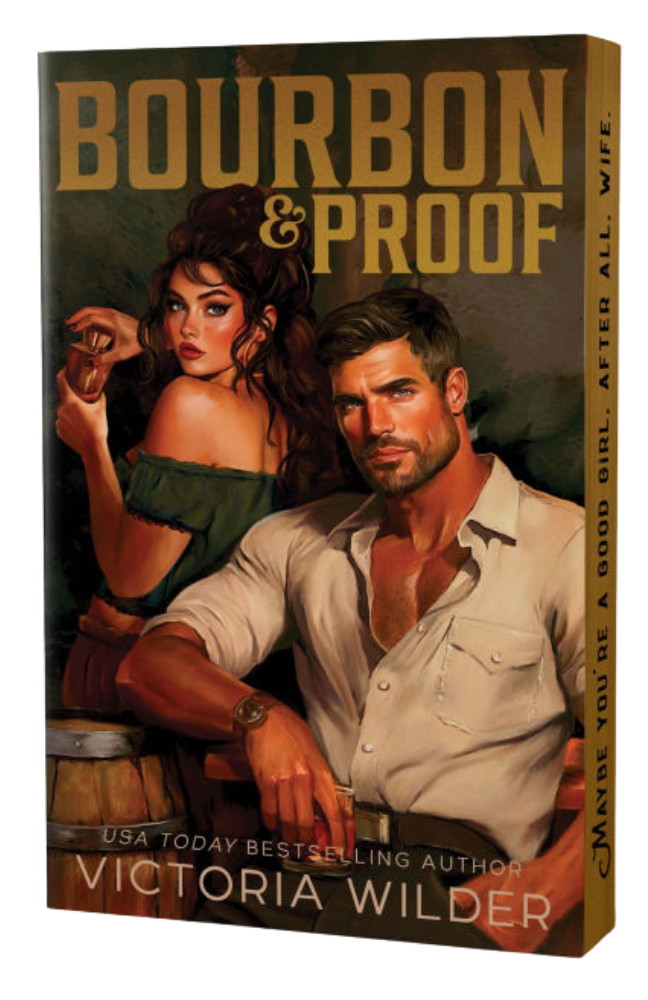 Book cover of 'Bourbon & Proof' featuring a man and woman with a barrel.