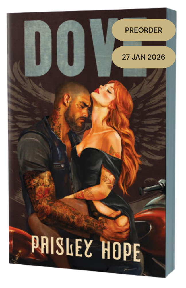 Book cover of 'Dove' by Paisley Hope with a couple embracing and tattoos on a dark background.