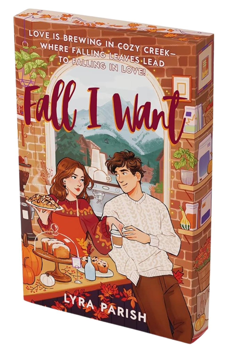 Book cover of 'Fall I Want' by Lyra Parish with a couple in a cozy kitchen setting.
