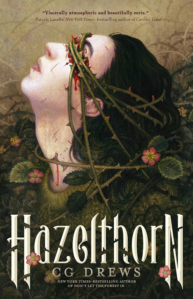 Book cover of 'Hazelthorn' with a dark, gothic design featuring a face and branches.