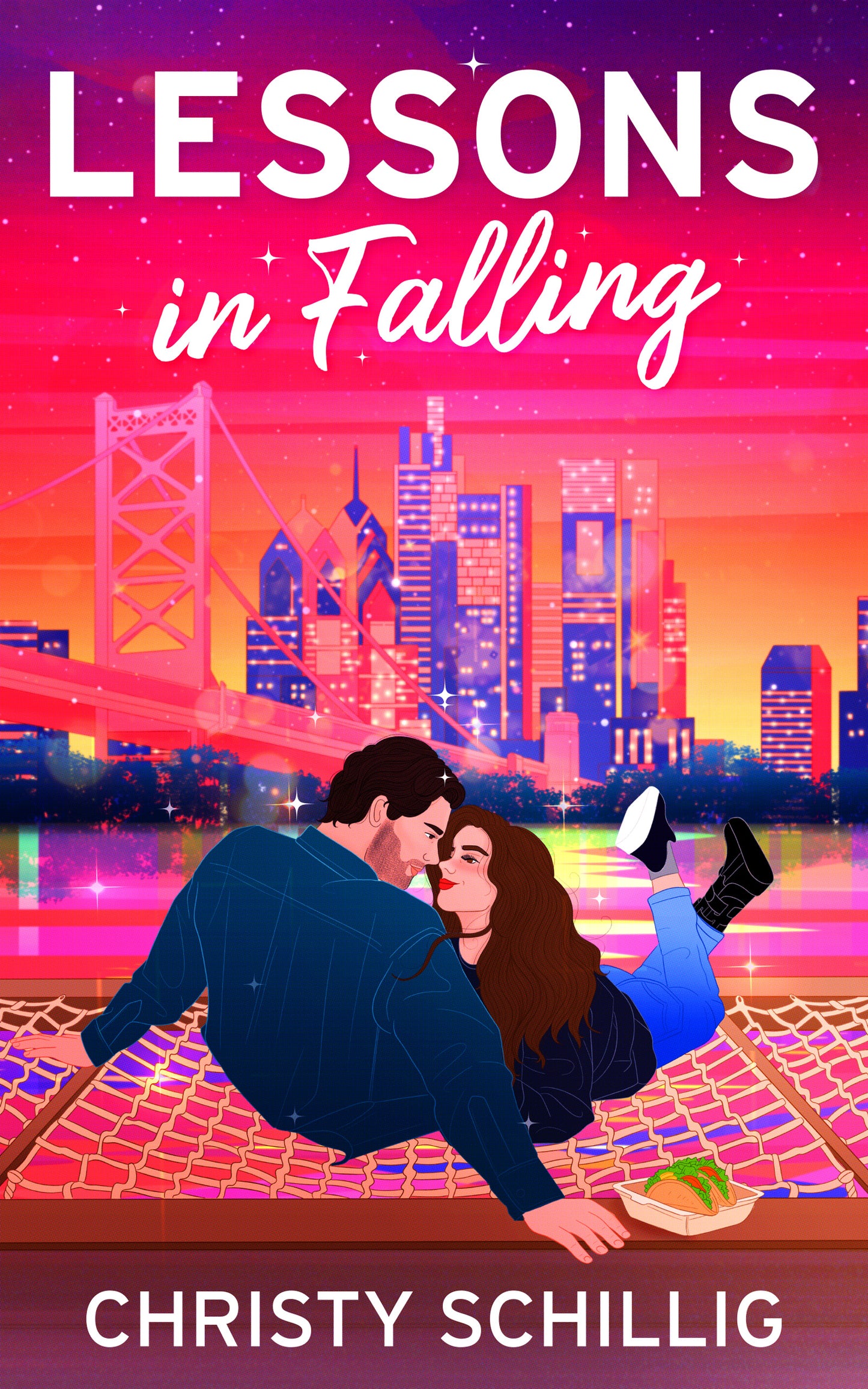 Book cover of 'Lessons in Falling' with a city skyline and couple embracing.