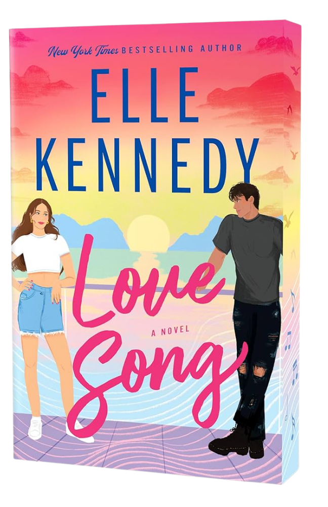 Book cover of 'Love Song' by Elle Kennedy with a colorful design featuring two people and a sunset.