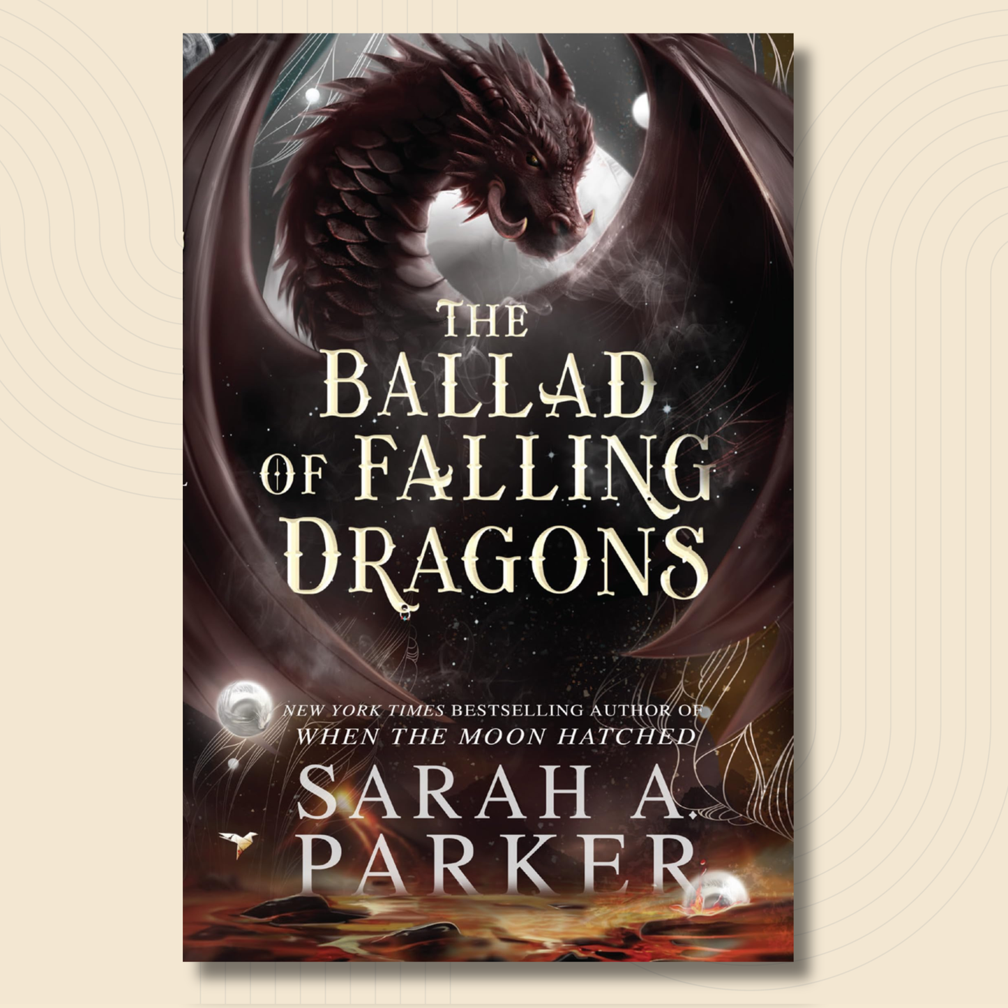 Book cover for 'The Ballad of Falling Dragons' by Sarah A. Parker, featuring a dark dragon in a crescent moon against a light background, with the title in large cream lettering and the author's name at the bottom.