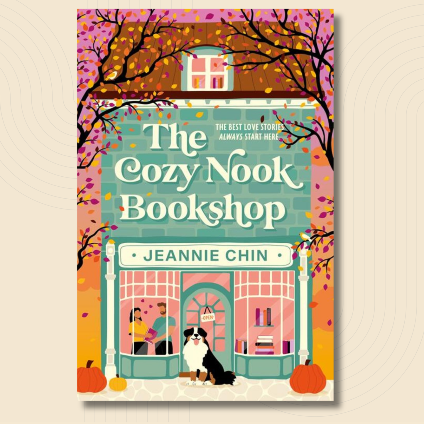 Book cover for 'The Cozy Nook Bookshop' by Jeannie Chin, featuring a colorful autumn illustration of a cozy bookshop storefront with a dog in front, set against a light beige background.