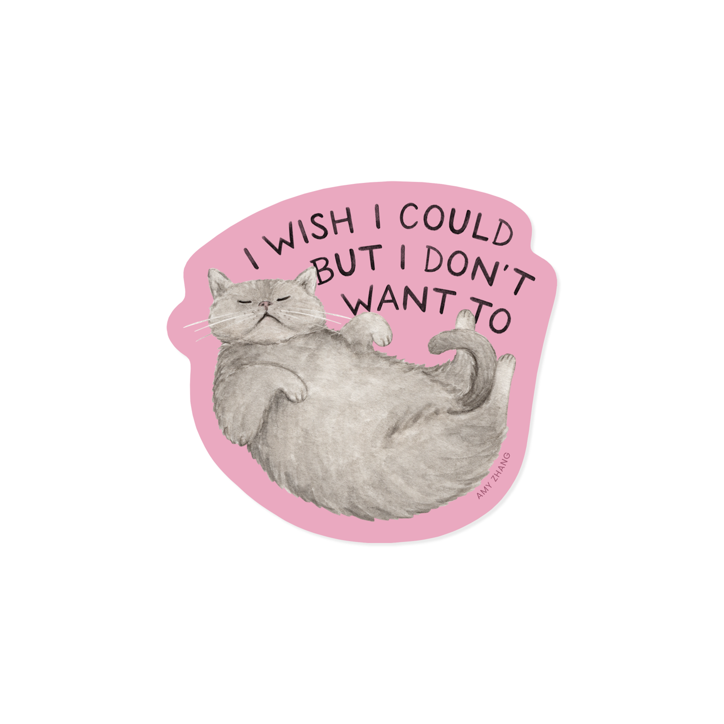Sticker with a cat illustration and text on a pink background