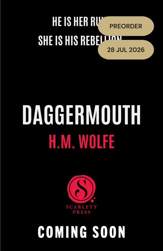 Promotional image for 'Daggermouth' by H.M. Wolfe with a black background and text about preorder and release date.
