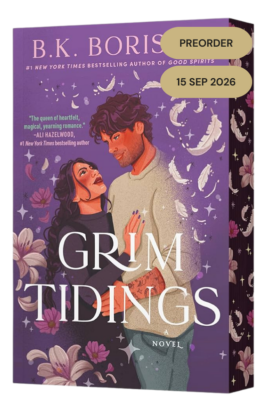 Book cover of 'Grim Tidings' by B.K. Boris with a purple background and couple illustration.