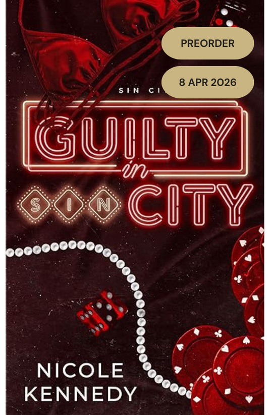 Book cover of 'Guilty in Sin City' by Nicole Kennedy with neon-style text and gambling-themed design.