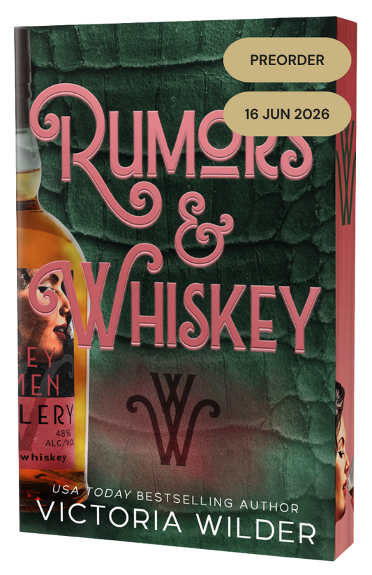 Book cover of 'Rumors & Whiskey' by Victoria Wilder with a bottle of whiskey on a green background.