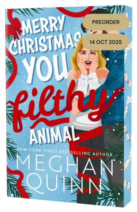 Book cover of 'Merry Christmas You Filthy Animal' by Meghan Quinn with festive design and preorder information.