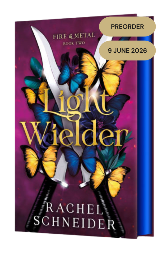 Book cover of 'Light Wielder' by Rachel Schneider with butterflies and a sword on a purple background.