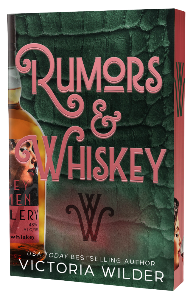Book cover of 'Rumors & Whiskey' by Victoria Wilder with a bottle of whiskey on a green background.