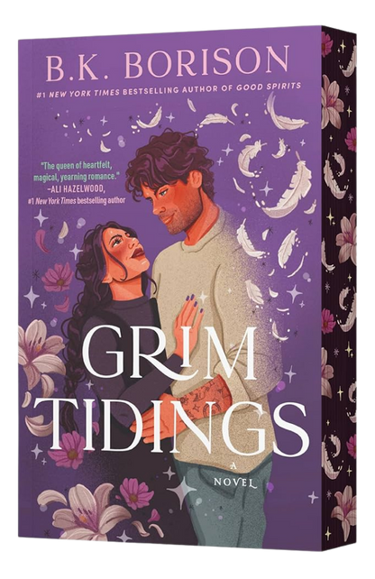 Book cover of 'Grim Tidings' by B.K. Borison with a couple embracing on a purple background.