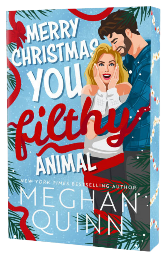 Book cover of 'Merry Christmas You Filthy Animal' by Meghan Quinn with a couple embracing and festive design.