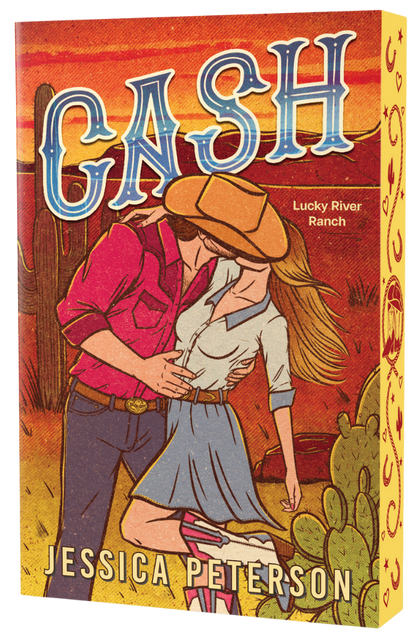 Book cover of 'Cash' by Jessica Peterson with a cowboy and cowgirl illustration against a desert background.