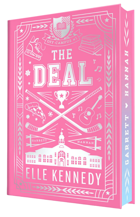 Pink book cover of 'The Deal' by Elle Kennedy with white text and graphics.