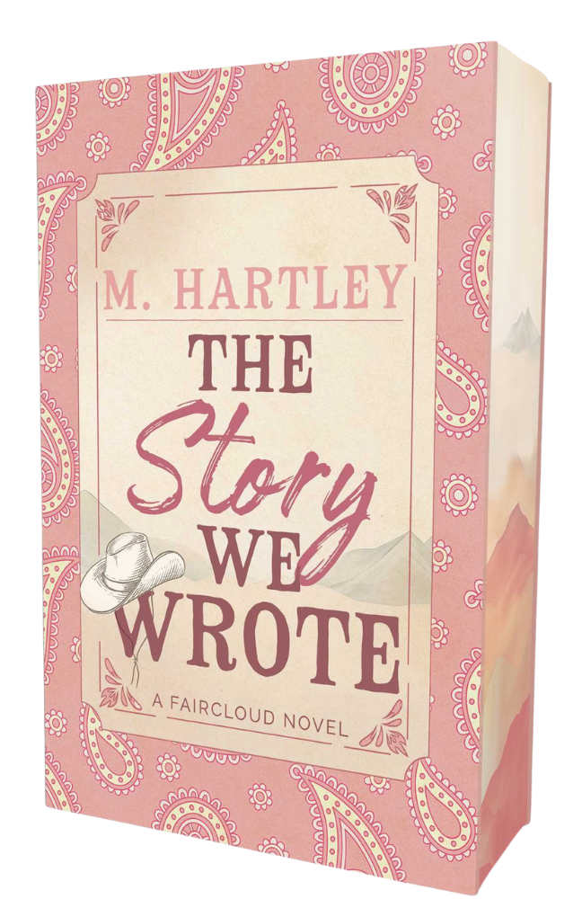 Book cover of 'The Story We Wrote' by M. Hartley with decorative pink and white design.