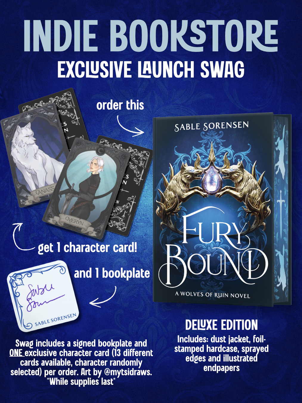 Promotional image for 'Fury Bound' book with character cards and bookplate offer on a blue background