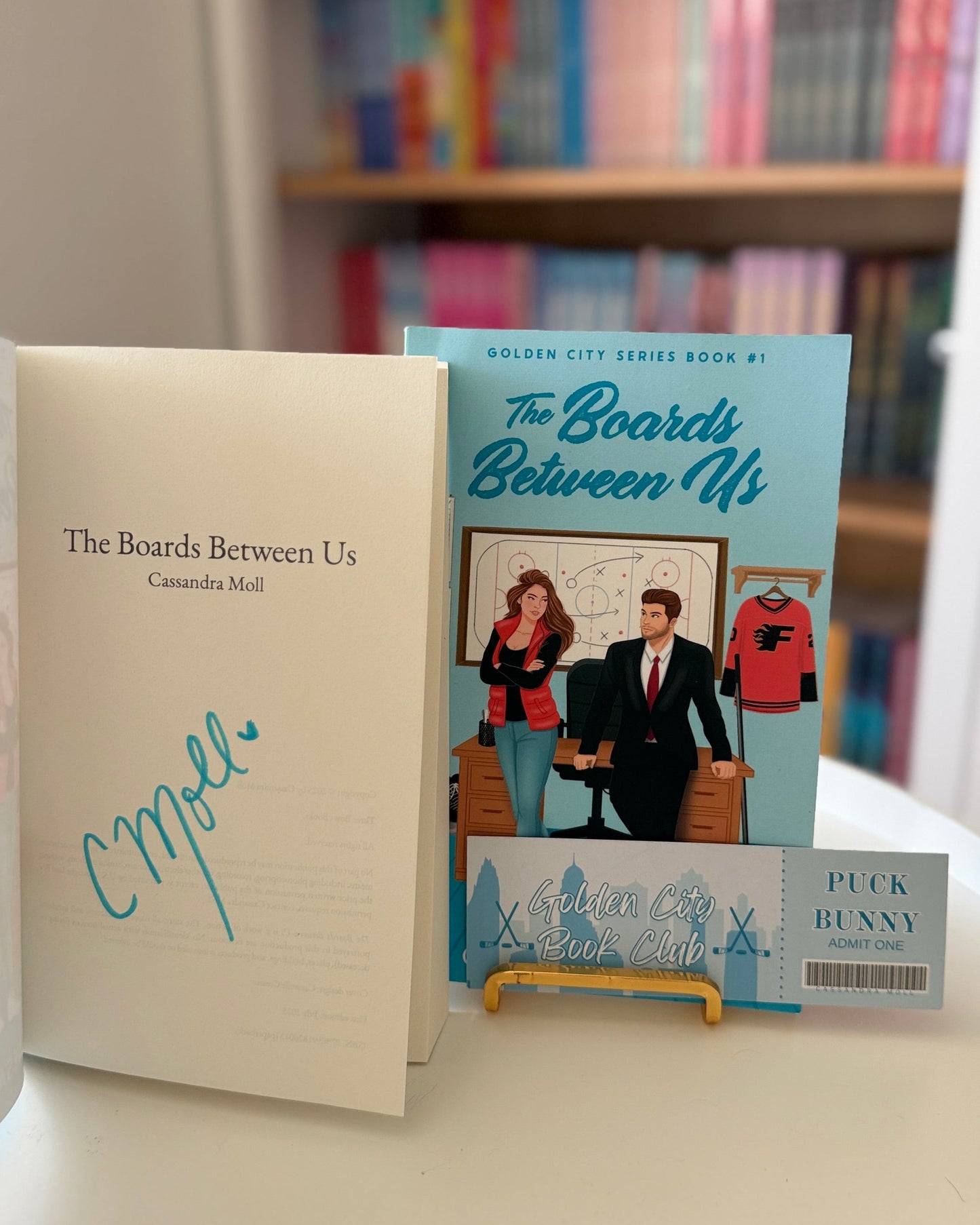 Books titled 'The Boards Between Us' on a surface with a blurred bookshelf in the background.