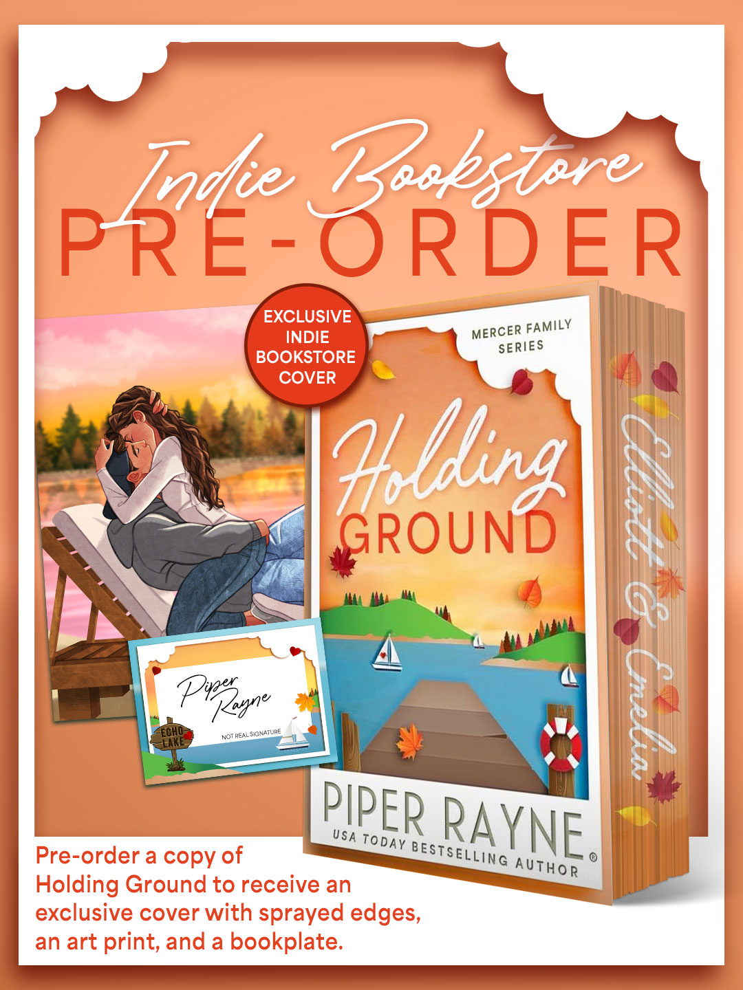 Promotional graphic for a pre-order book listing showing the book cover and a boxed edition for 'Holding Ground' by Piper Rayne. The design includes an orange background, a woman reading on a beach on the cover art, a red 'Exclusive Indie Bookstore Cover' badge, and text noting a bookplate is included.