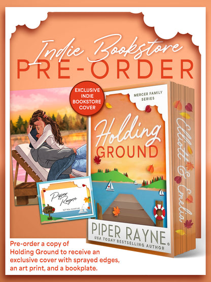 Promotional graphic for a pre-order book listing showing the book cover and a boxed edition for 'Holding Ground' by Piper Rayne. The design includes an orange background, a woman reading on a beach on the cover art, a red 'Exclusive Indie Bookstore Cover' badge, and text noting a bookplate is included.