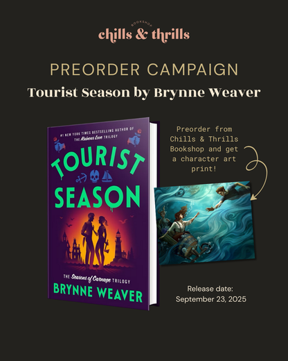 Promotional graphic for 'Tourist Season' by Brynne Weaver with book cover and character art on a dark background.