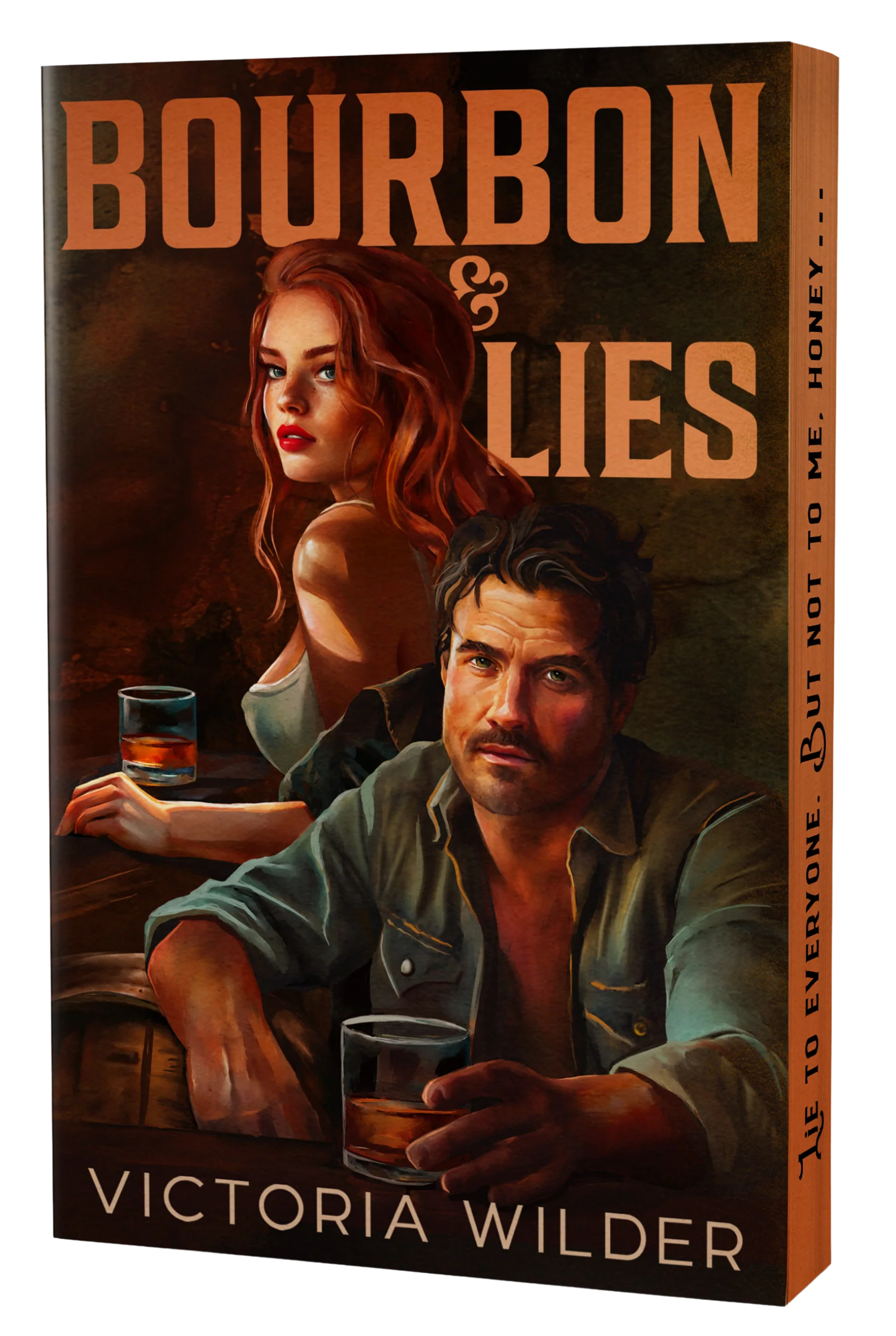 Book cover of 'Bourbon & Lies' by Victoria Wilder featuring a man and woman with drinks.