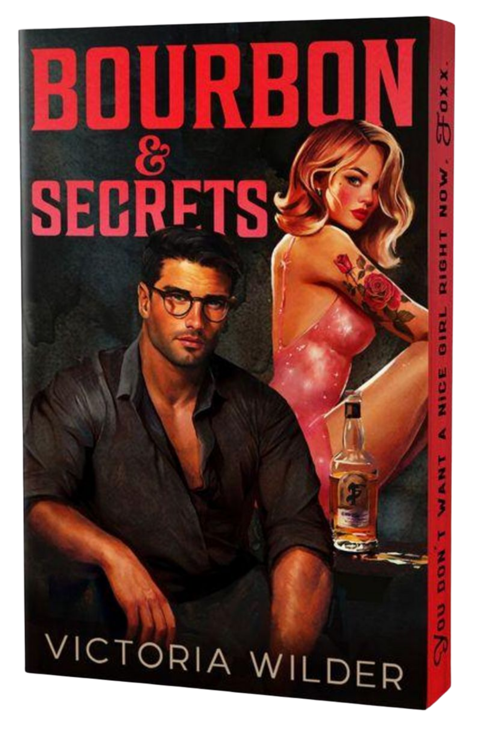 Book cover of 'Bourbon & Secrets' by Victoria Wilder featuring a man and woman with a bottle of bourbon.