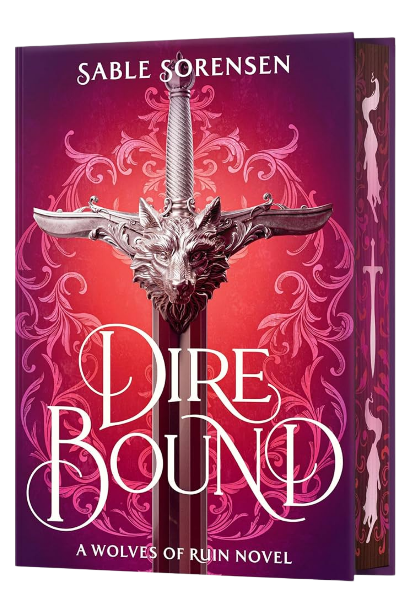 Book cover of 'Dire Bound' by Sable Sorensen with a sword and wolf design on a purple background.