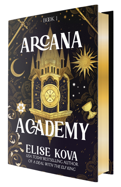 Book cover of 'Arcana Academy' by Elise Kova with gothic architecture design.