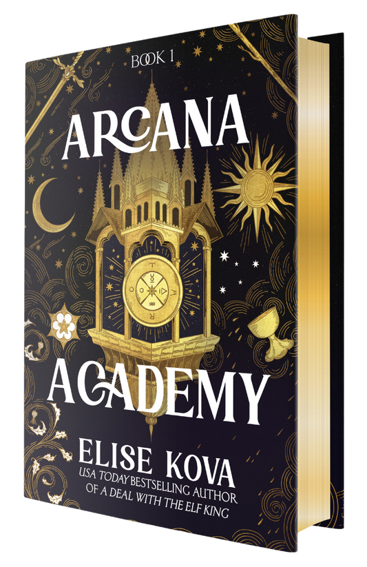Book cover of 'Arcana Academy' by Elise Kova with gothic architecture design.