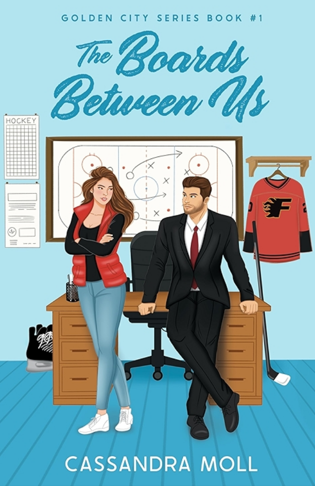 Book cover of 'The Boards Between Us' by Cassandra Moll featuring a man and woman in a classroom setting.