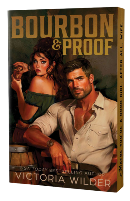 Book cover of 'Bourbon & Proof' featuring a man and woman with a barrel.
