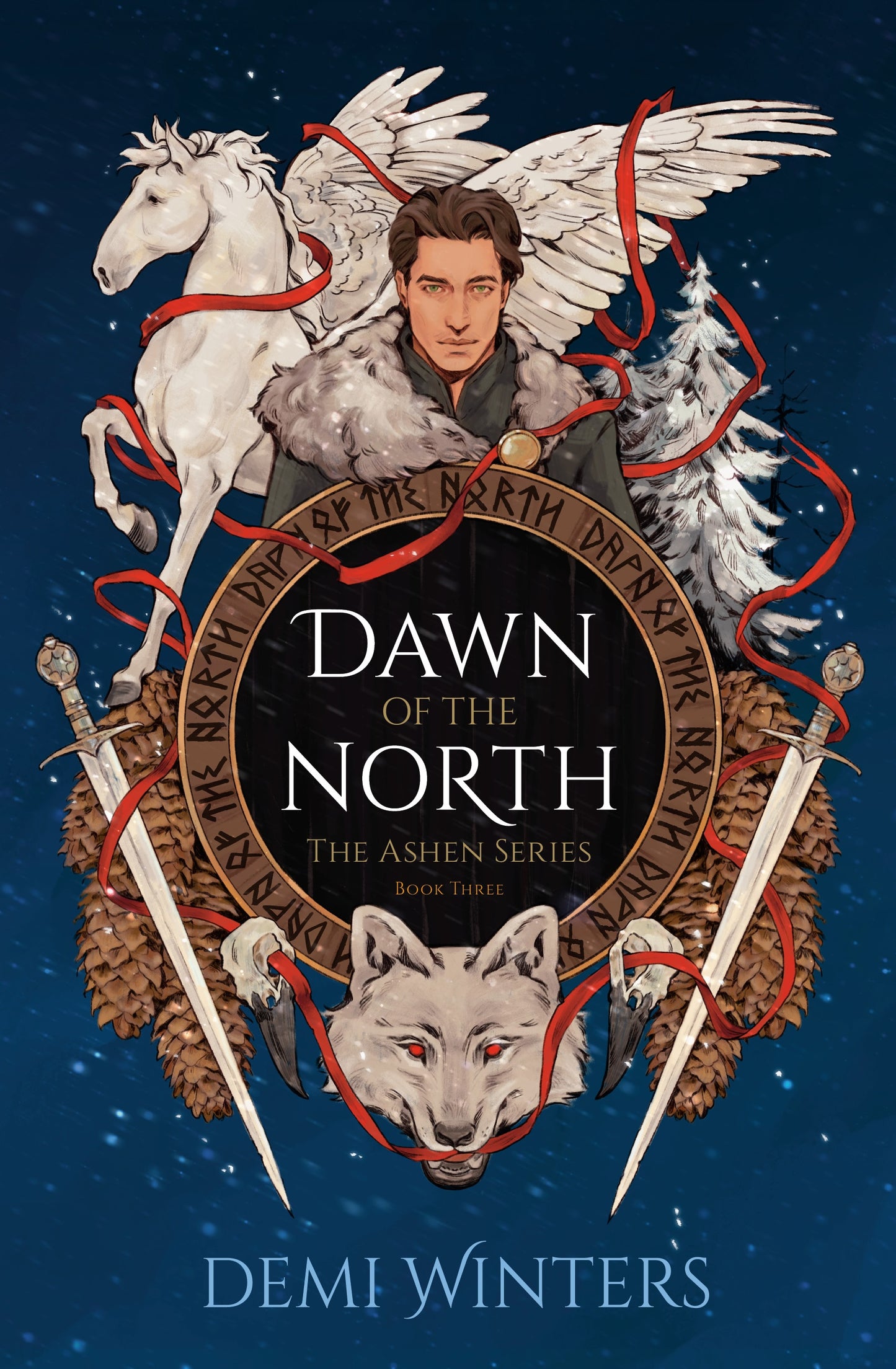 Book cover of 'Dawn of the North' by Demi Winters featuring a central figure with a horse and wolves on a blue background.