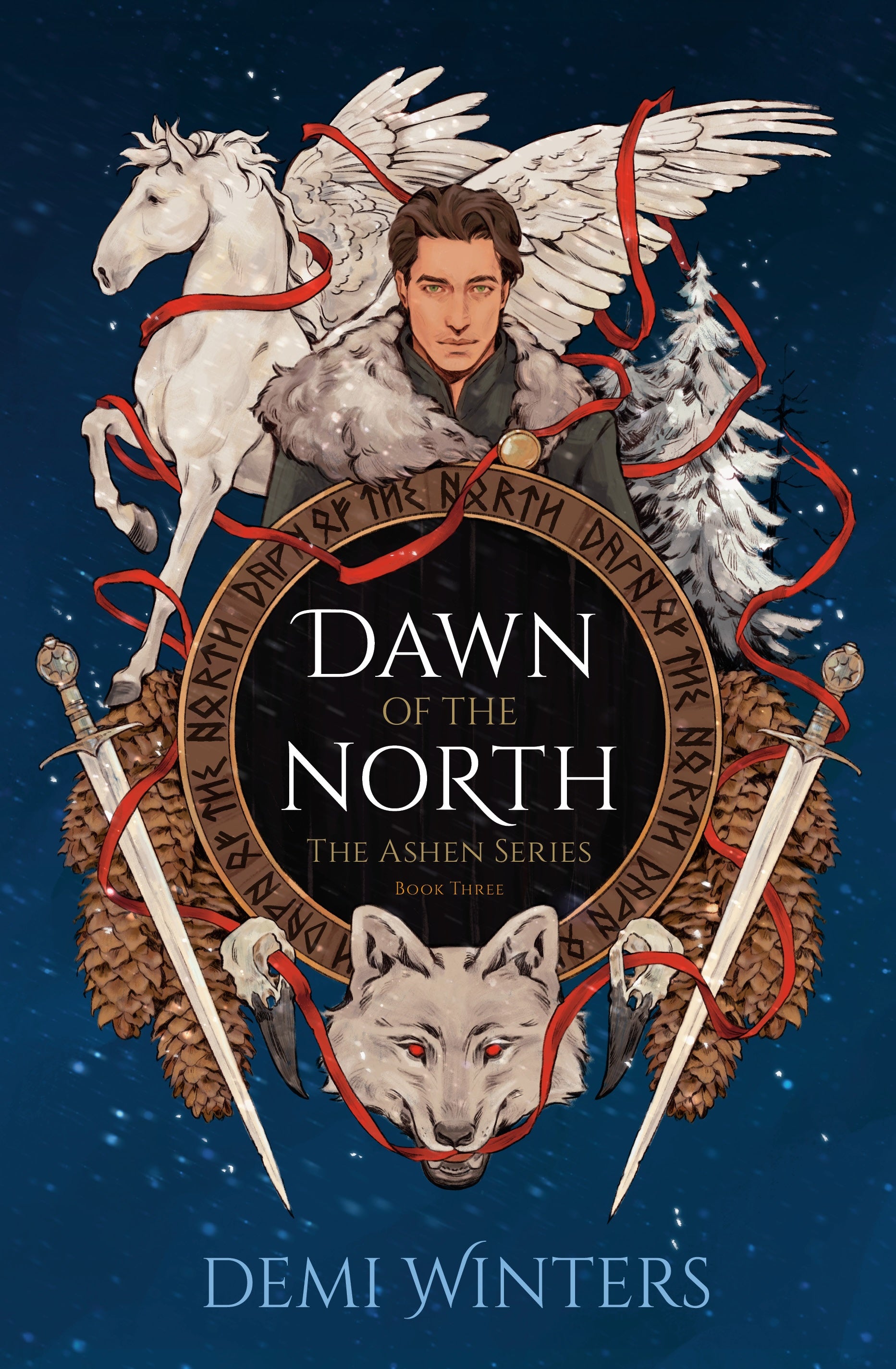Book cover of 'Dawn of the North' by Demi Winters featuring a central figure with a horse and wolves on a blue background.