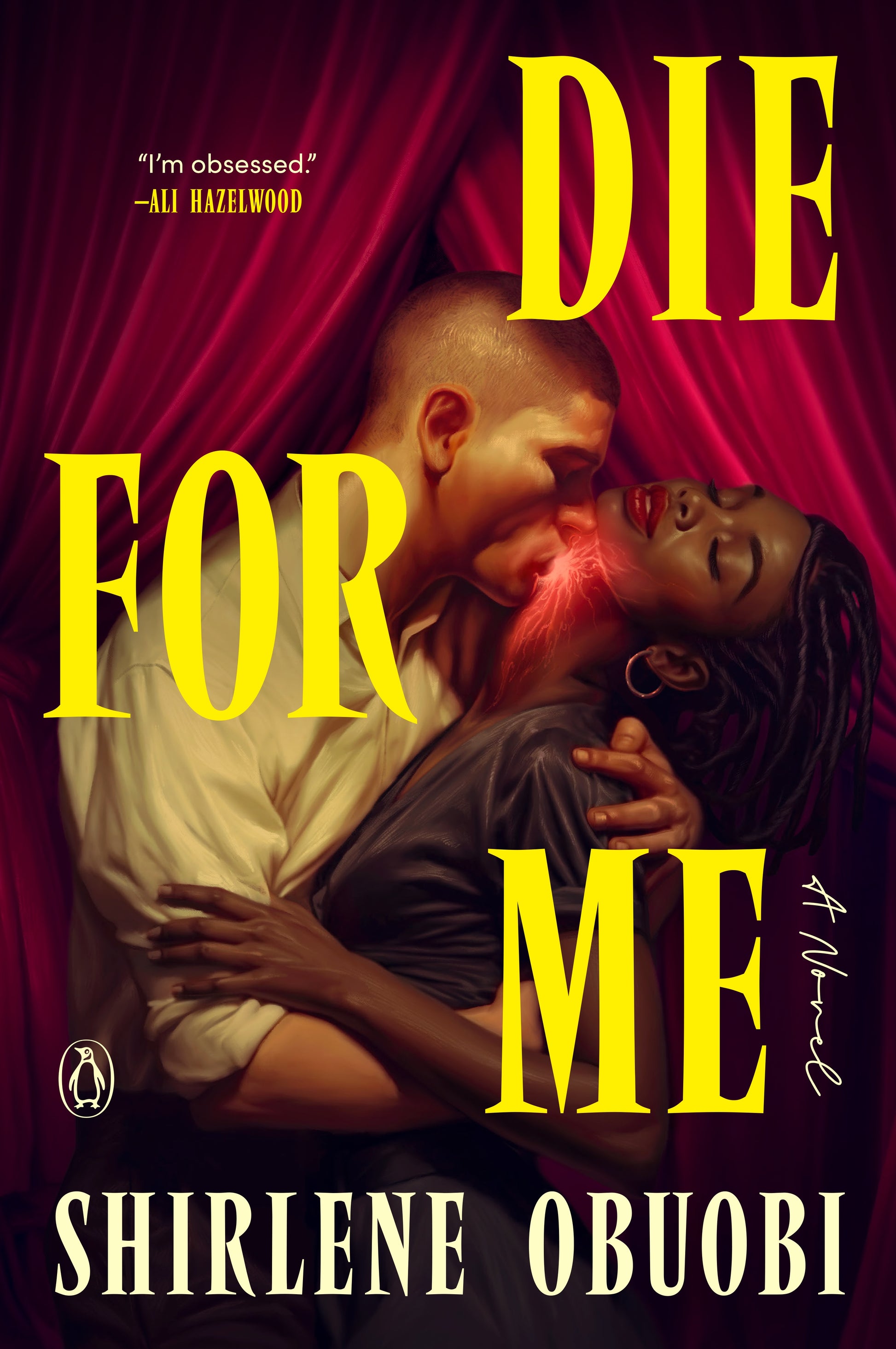 Book cover of 'Die for Me' by Shirleene Obuobi with a couple embracing against a red curtain.