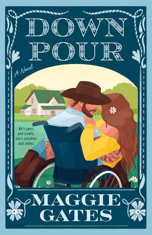 Book cover of 'Down Pour' by Maggie Gates featuring a couple embracing outdoors.