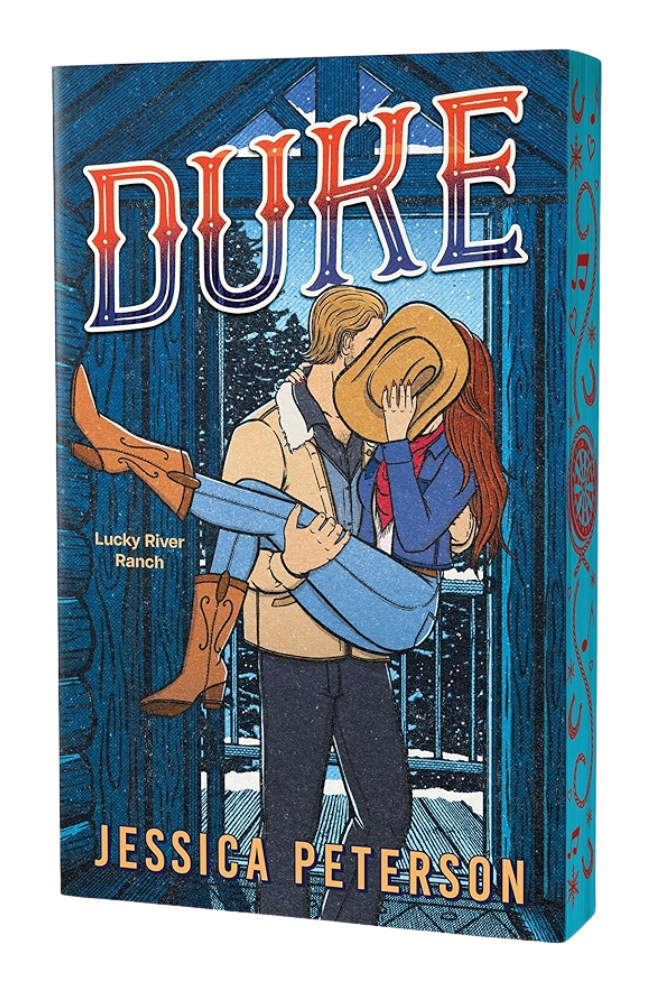 Book cover of 'Duke' by Jessica Peterson with a couple embracing on a wooden porch.