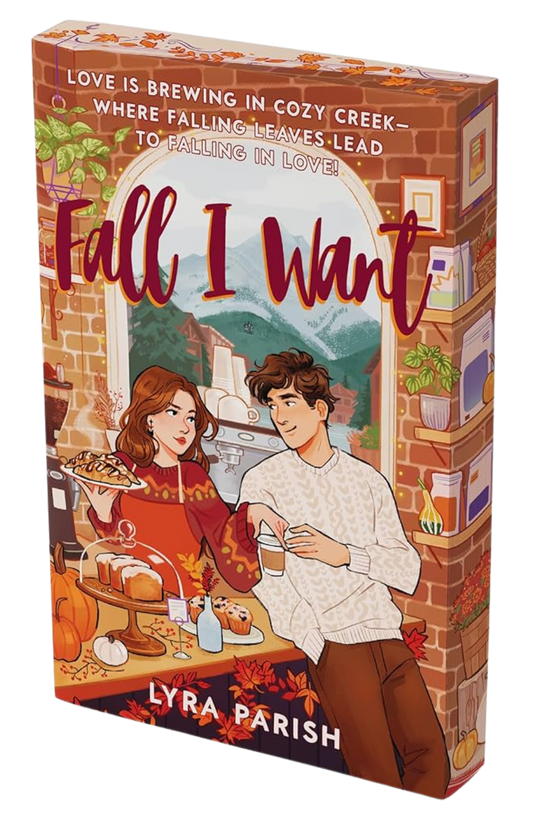 Book cover of 'Fall I Want' by Lyra Parish with a couple in a cozy kitchen setting.