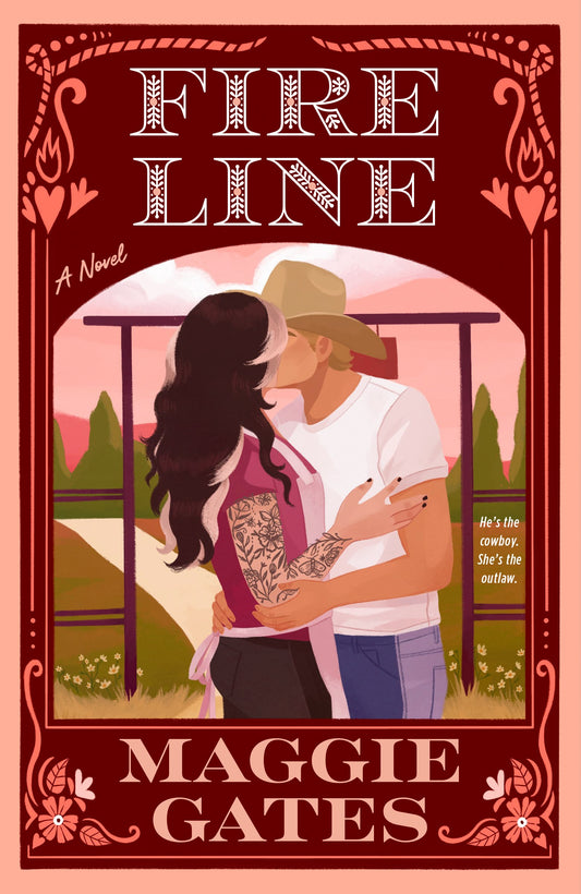 Book cover of 'Fire Line' by Maggie Gates featuring a couple embracing outdoors.