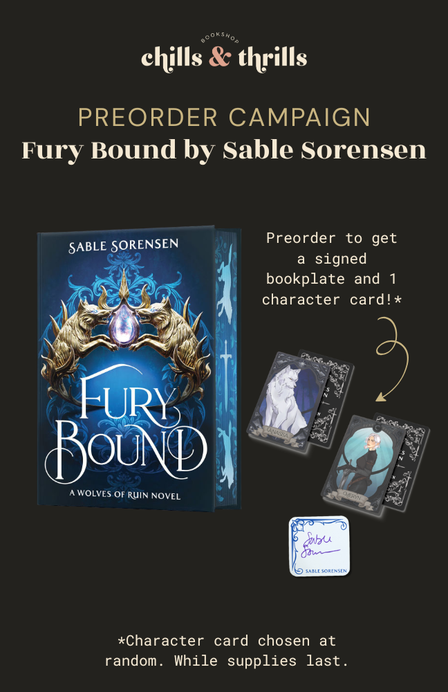 Promotional image for 'Fury Bound' by Sable Sorensen with book and character cards on a black background.